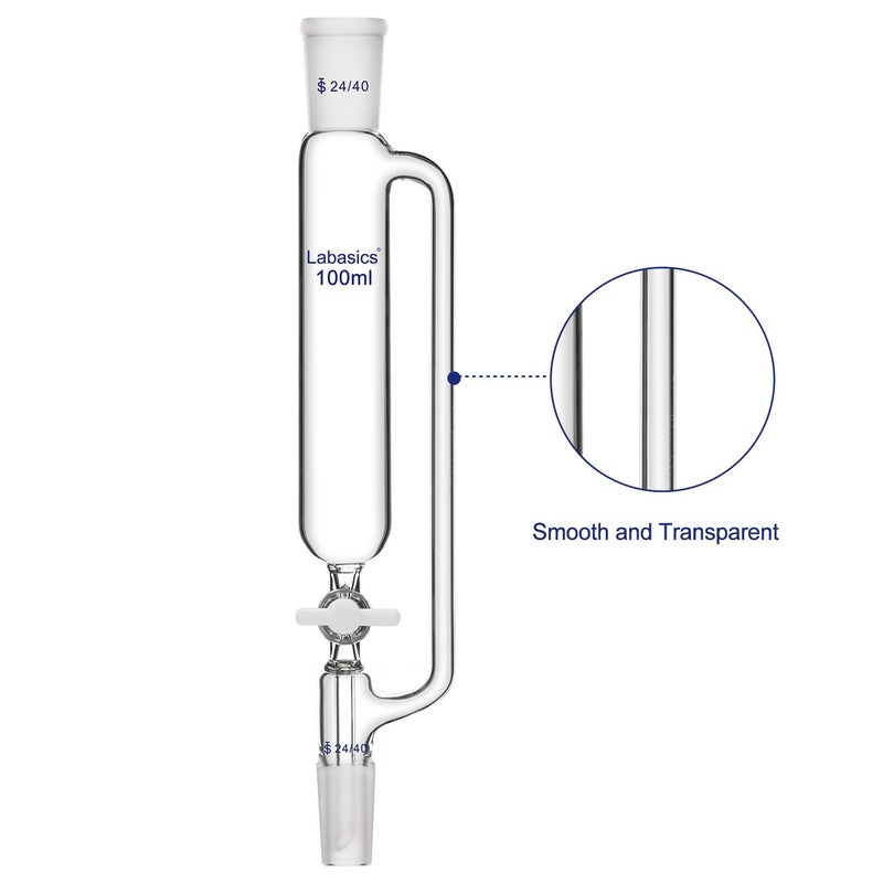 Labasics 100 ml Pressure Equalizing Addition Funnel, Borosilicate Glass Dropping Funnel 24/40 Joint with PTFE Stopcock for Laboratory - Image 2